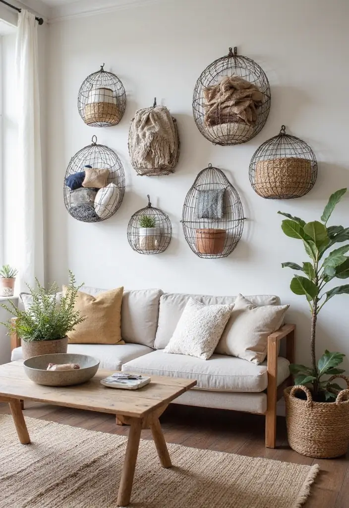 30 Farmhouse Living Room Wall Decor Ideas for a Rustic Touch - 13. Wire Baskets