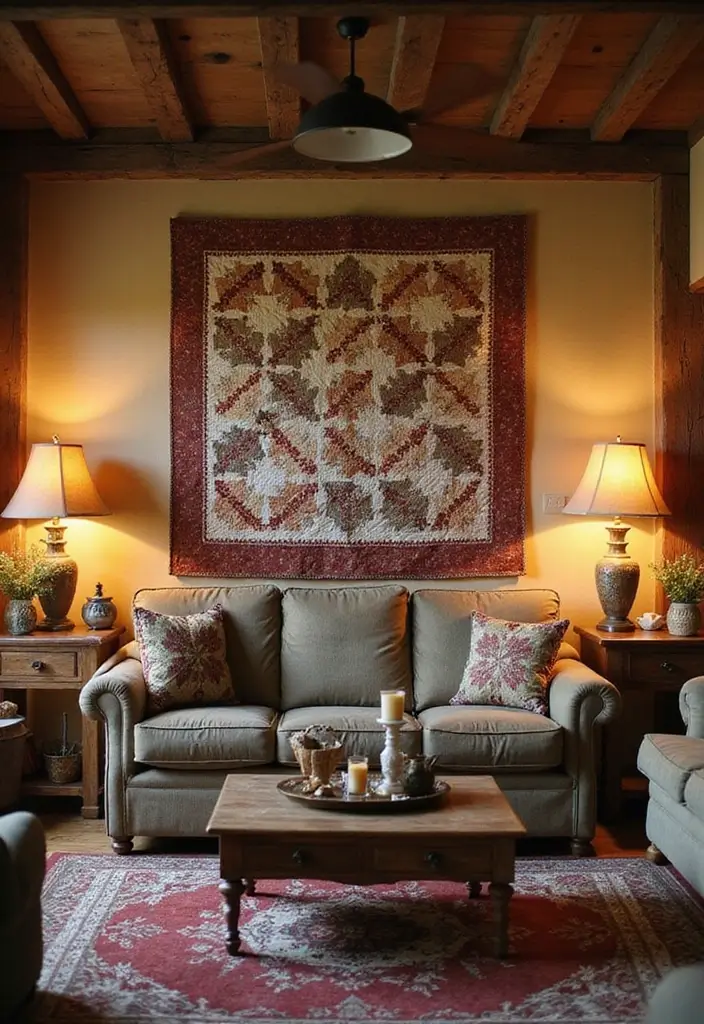 30 Farmhouse Living Room Wall Decor Ideas for a Rustic Touch - 15. Handmade Quilts