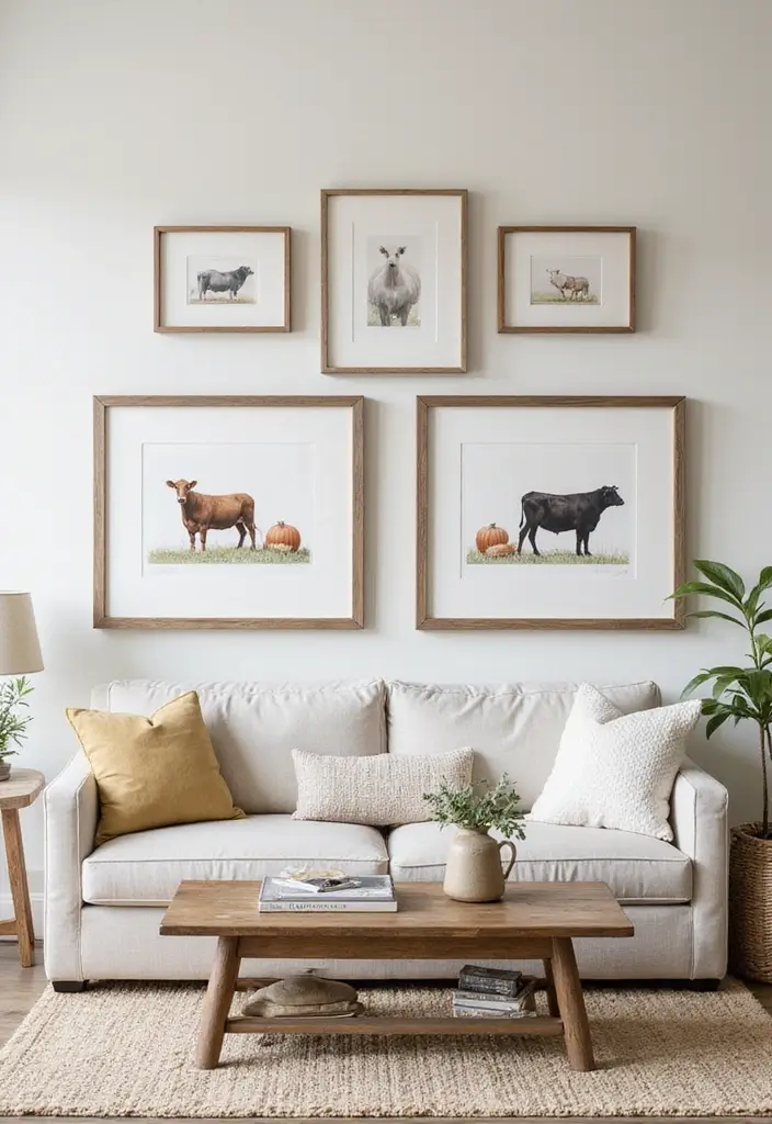 30 Farmhouse Living Room Wall Decor Ideas for a Rustic Touch - 17. Farm-Themed Prints