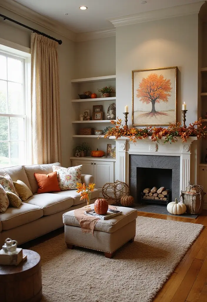 30 Farmhouse Living Room Wall Decor Ideas for a Rustic Touch - 19. Seasonal Decor Accents