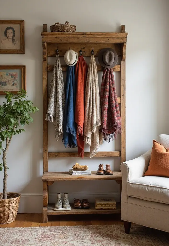 30 Farmhouse Living Room Wall Decor Ideas for a Rustic Touch - 20. Rustic Coat Racks