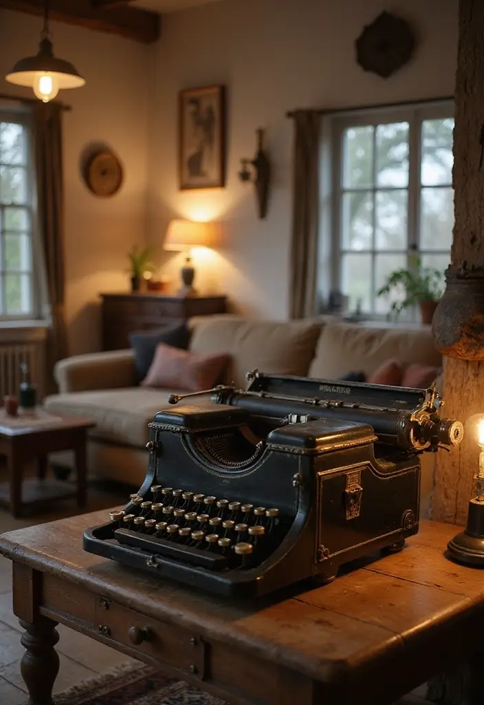 30 Farmhouse Living Room Wall Decor Ideas for a Rustic Touch - 21. Vintage Typewriters