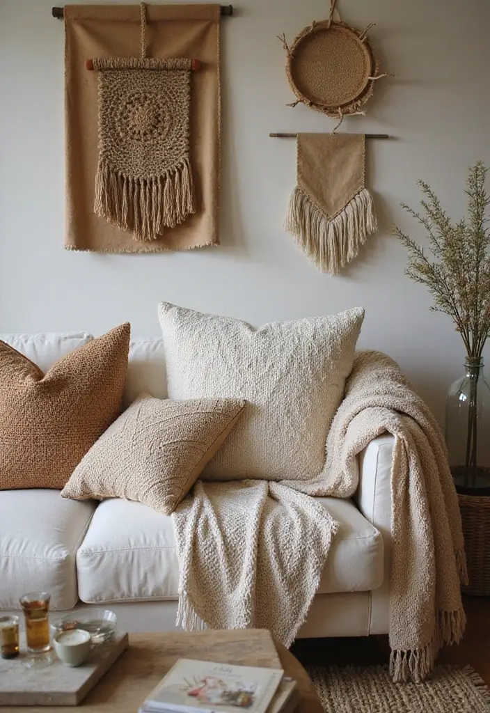 30 Farmhouse Living Room Wall Decor Ideas for a Rustic Touch - 22. Textured Fabrics