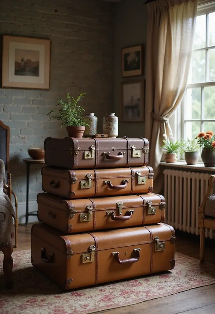 30 Farmhouse Living Room Wall Decor Ideas for a Rustic Touch - 25. Vintage Suitcases