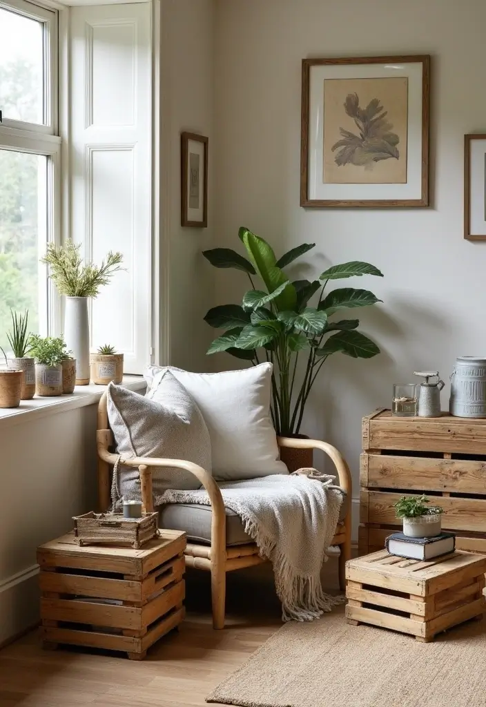 30 Farmhouse Living Room Wall Decor Ideas for a Rustic Touch - 27. Repurposed Wooden Crates