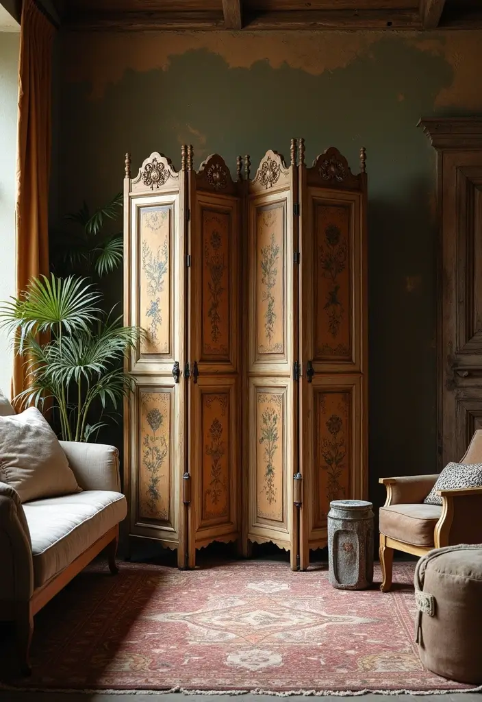30 Farmhouse Living Room Wall Decor Ideas for a Rustic Touch - 28. Vintage Folding Screens