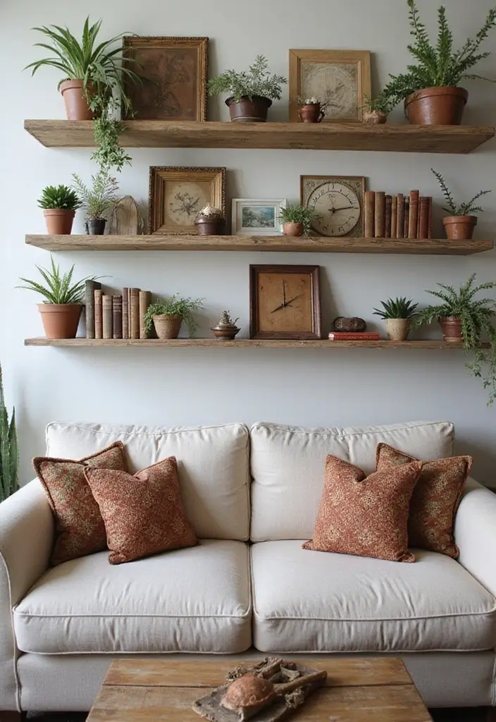 30 Farmhouse Living Room Wall Decor Ideas for a Rustic Touch - 3. Shabby Chic Wall Shelves