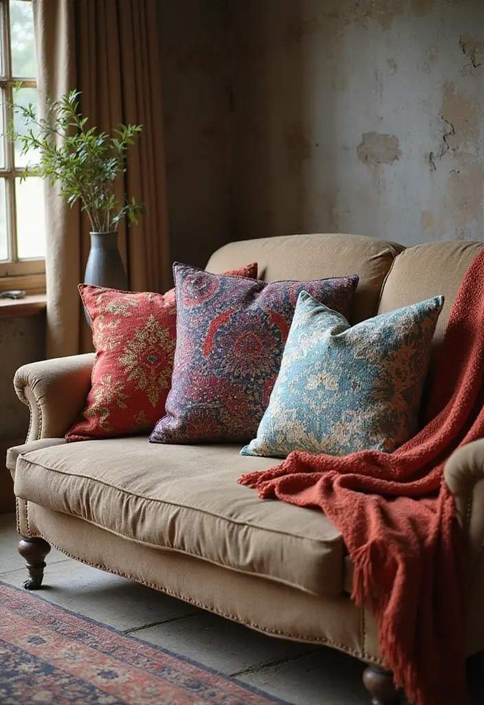 30 Farmhouse Living Room Wall Decor Ideas for a Rustic Touch - 30. Colorful Throw Pillows