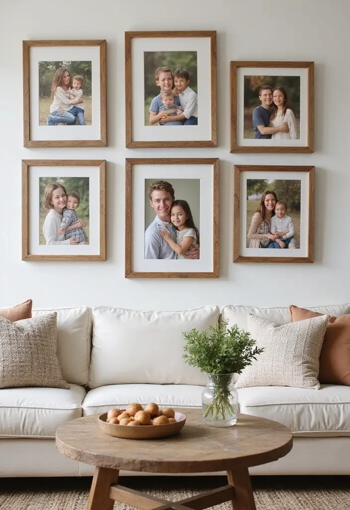 30 Farmhouse Living Room Wall Decor Ideas for a Rustic Touch - 6. Wood Framed Family Portraits