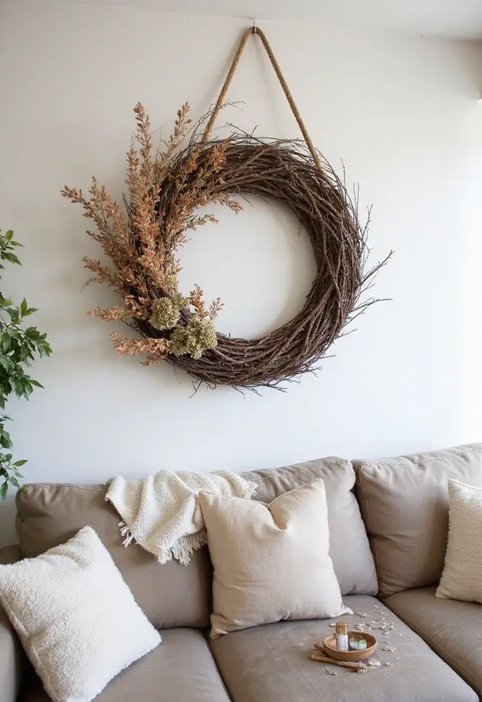 30 Farmhouse Living Room Wall Decor Ideas for a Rustic Touch - 7. Rustic Wreaths