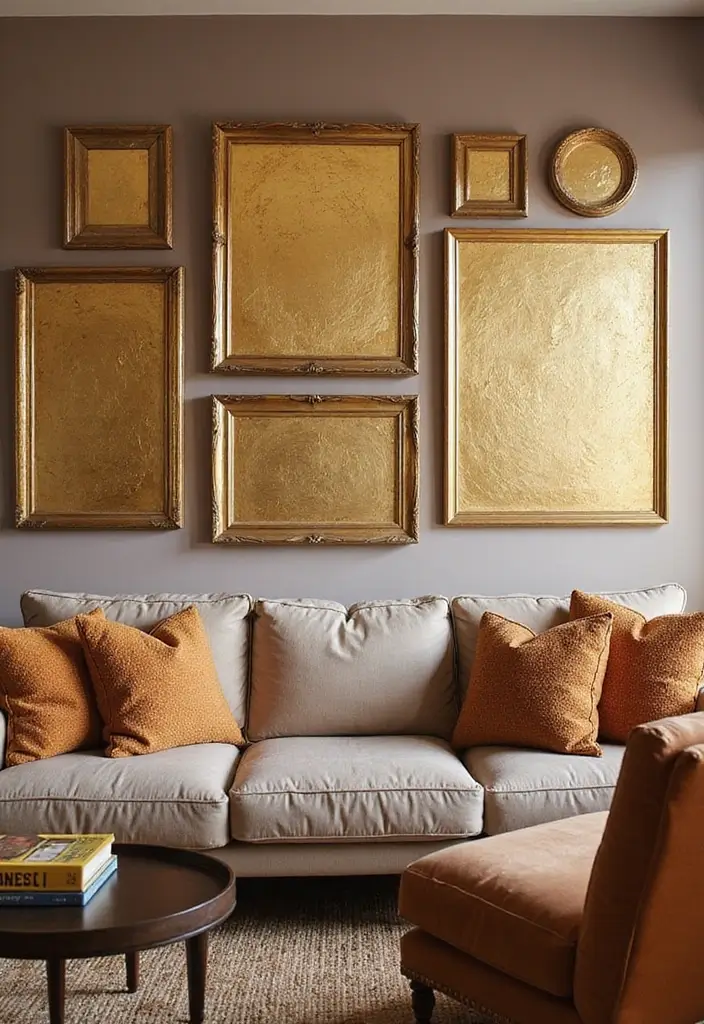 30 Gold Living Room Decor Ideas for a Luxe Finish - 1. Gold Leaf Wall Art