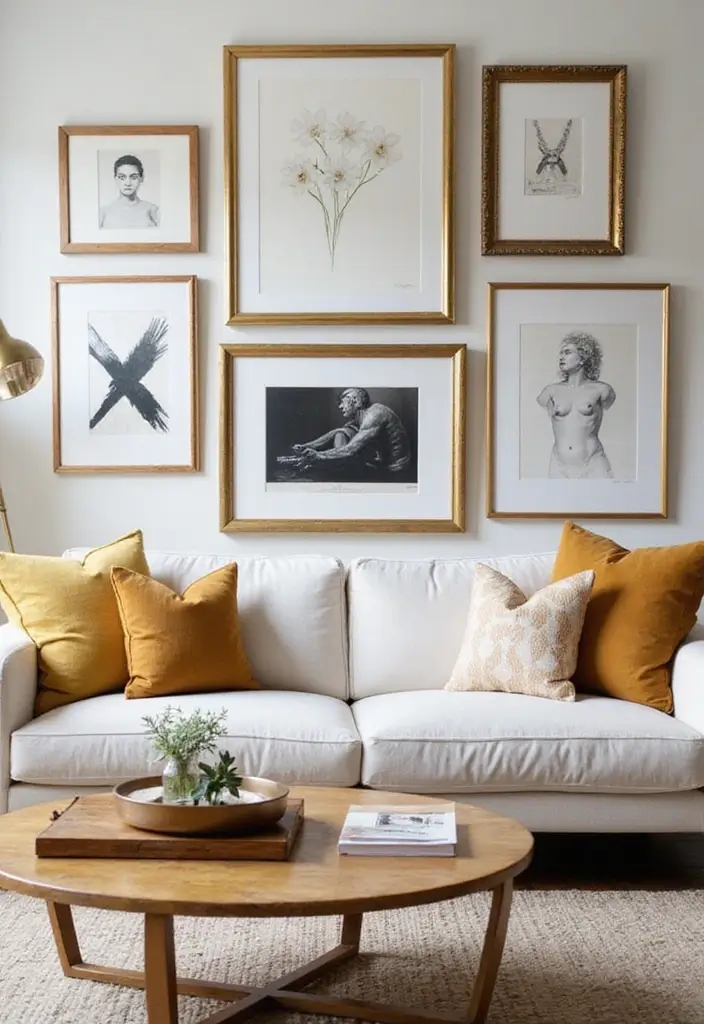 30 Gold Living Room Decor Ideas for a Luxe Finish - 13. Gold Frame Gallery Wall