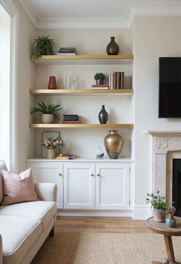 30 Gold Living Room Decor Ideas for a Luxe Finish - 19. Gold Wall Shelves