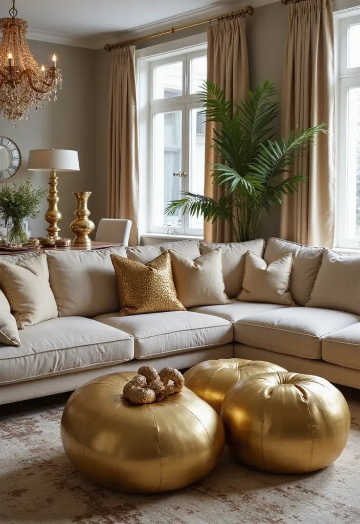 30 Gold Living Room Decor Ideas for a Luxe Finish - 23. Gold Accessories in Layers