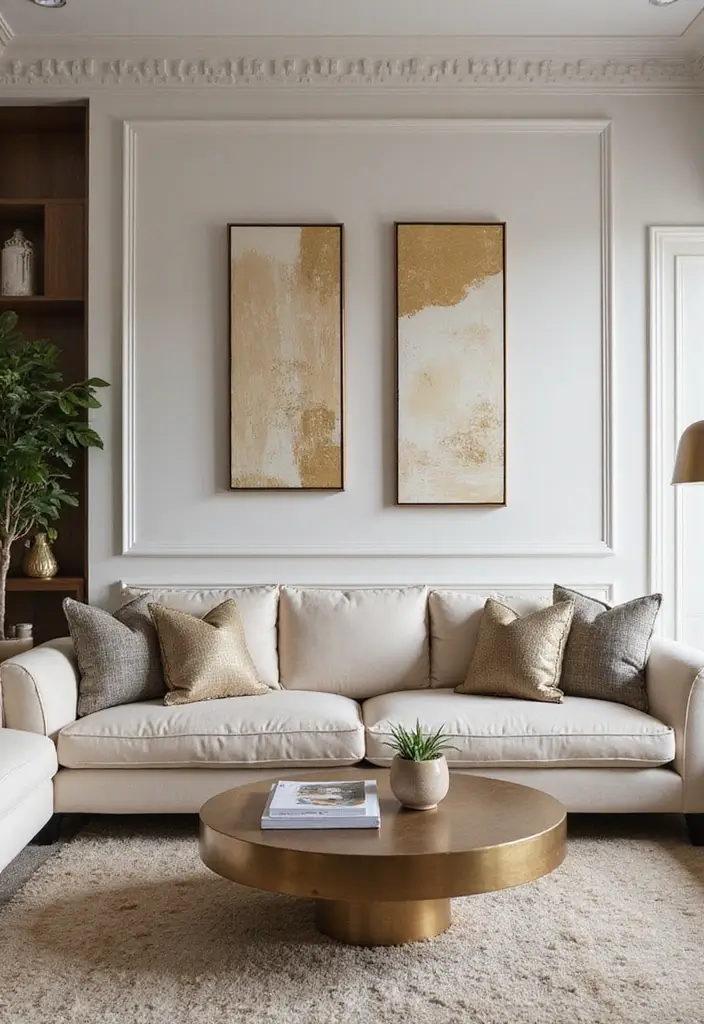 30 Gold Living Room Decor Ideas for a Luxe Finish - 25. Gold-infused Art Pieces