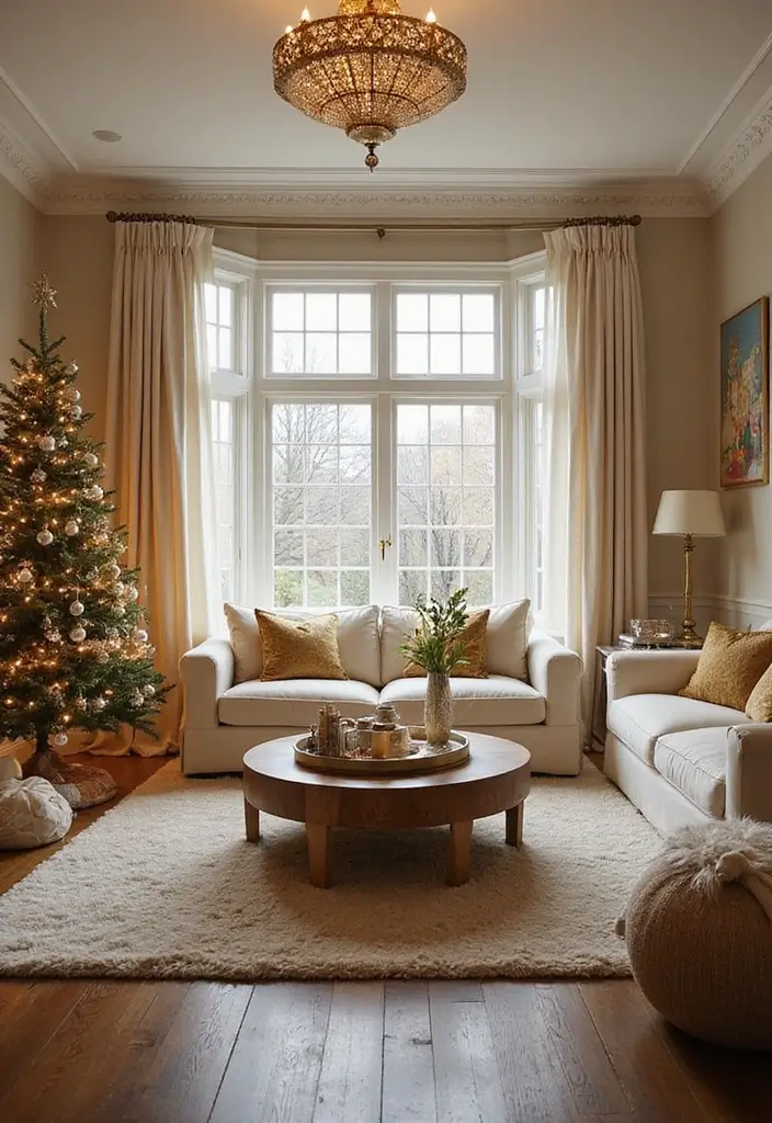 30 Gold Living Room Decor Ideas for a Luxe Finish - 27. Gold-Themed Holiday Decor