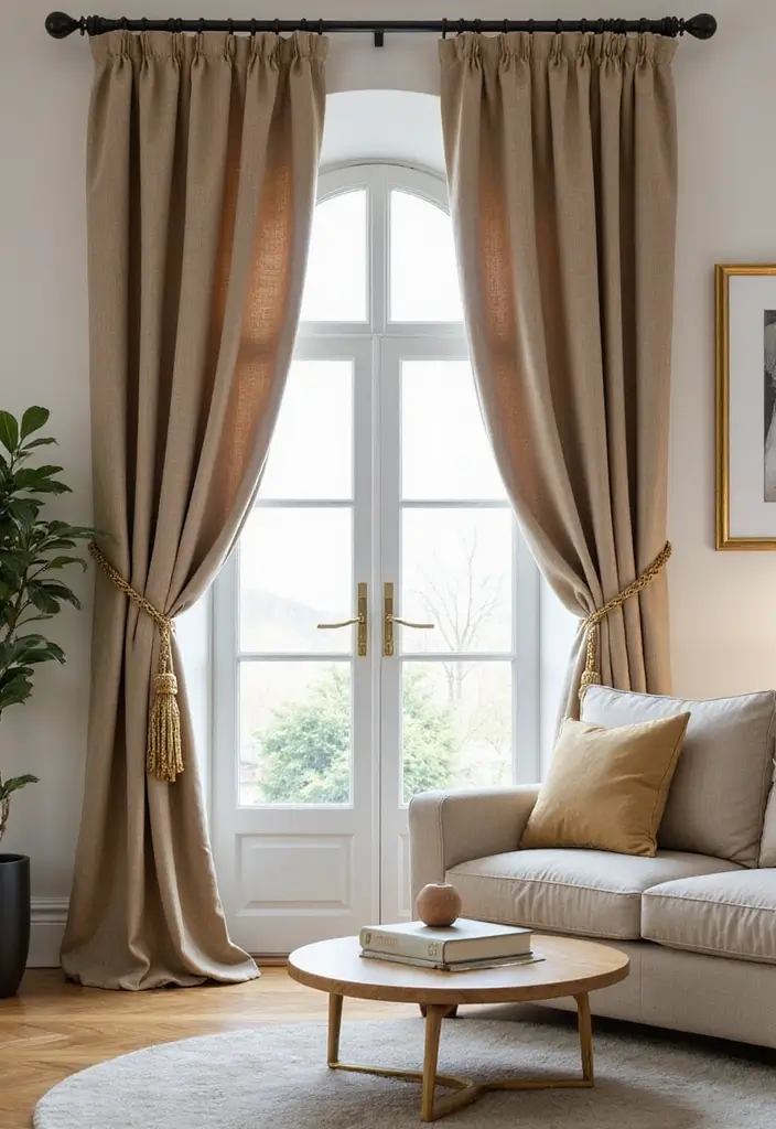 30 Gold Living Room Decor Ideas for a Luxe Finish - 28. Gold Curtain Tiebacks