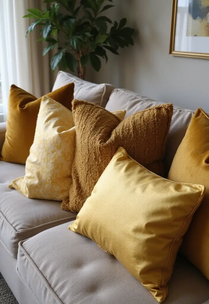 30 Gold Living Room Decor Ideas for a Luxe Finish - 3. Luxurious Gold Throw Pillows