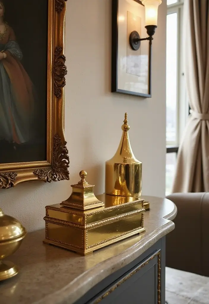 30 Gold Living Room Decor Ideas for a Luxe Finish - 30. Gold Decorative Boxes