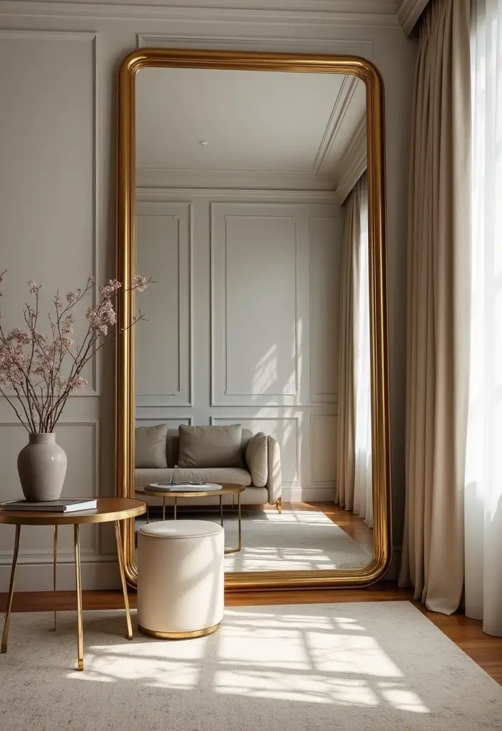 30 Gold Living Room Decor Ideas for a Luxe Finish - 5. Gold Mirror Magic