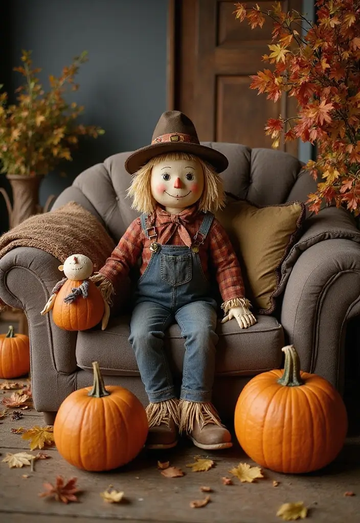 30 Halloween Living Room Decor Ideas for Spooky Vibes - 10. Scarecrow Accents