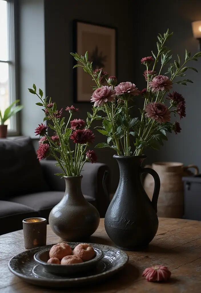 30 Halloween Living Room Decor Ideas for Spooky Vibes - 13. Dark Floral Arrangements