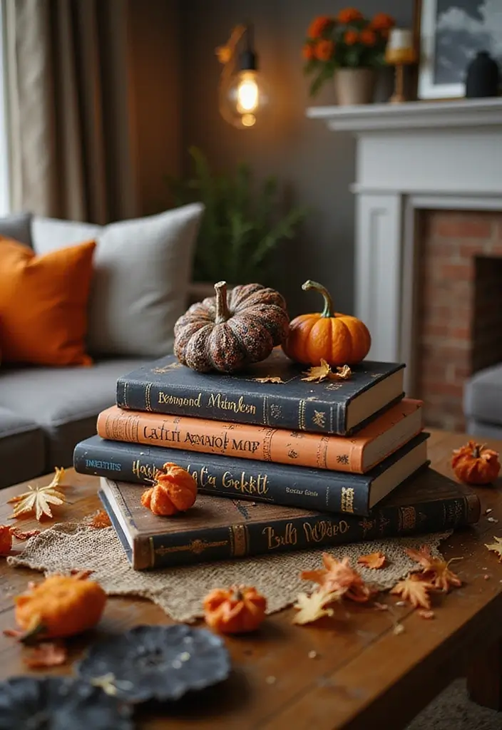 30 Halloween Living Room Decor Ideas for Spooky Vibes - 15. Seasonal Coffee Table Books