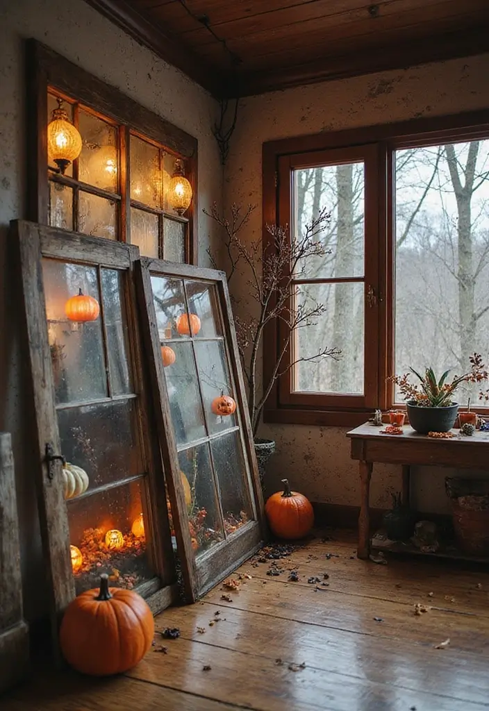 30 Halloween Living Room Decor Ideas for Spooky Vibes - 17. Old Windows as Decor