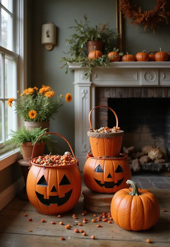30 Halloween Living Room Decor Ideas for Spooky Vibes - 20. Vintage Trick-or-Treat Buckets
