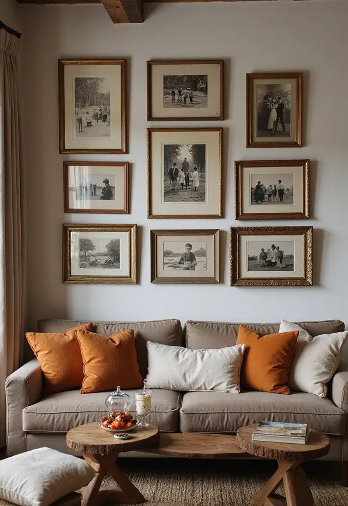 30 Halloween Living Room Decor Ideas for Spooky Vibes - 22. Vintage Photo Displays