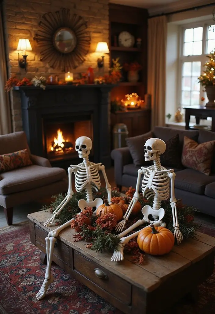 30 Halloween Living Room Decor Ideas for Spooky Vibes - 24. Skeleton Accents