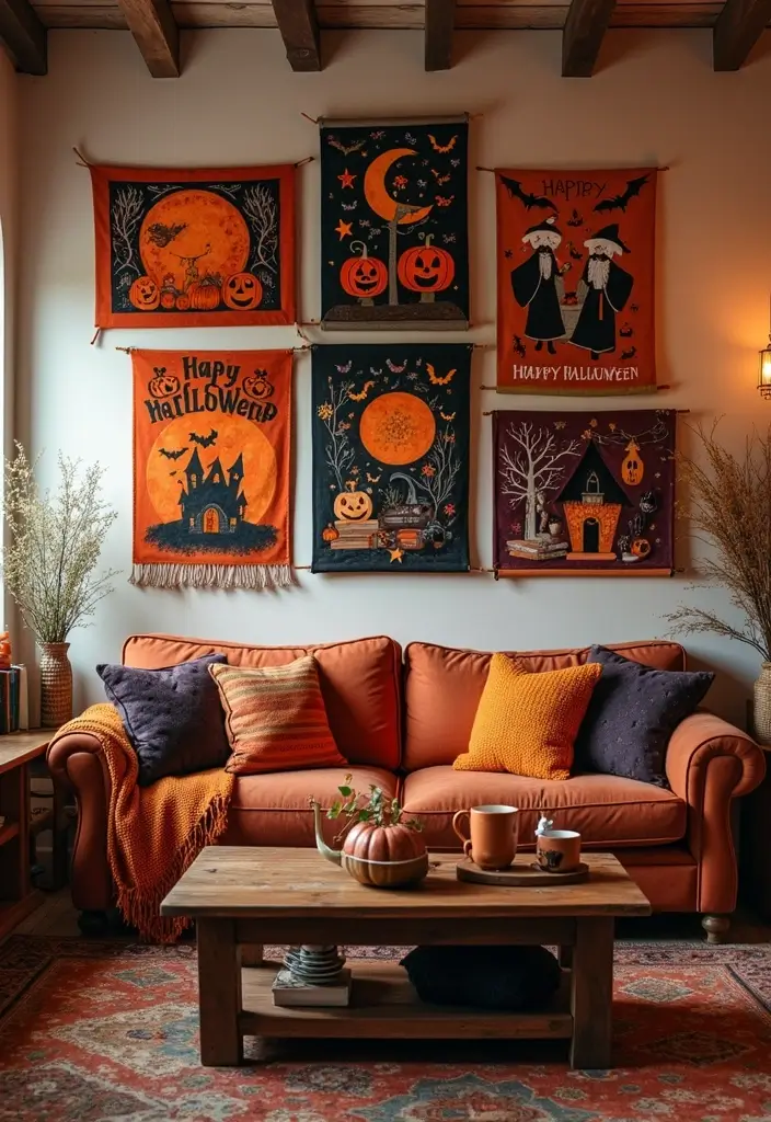 30 Halloween Living Room Decor Ideas for Spooky Vibes - 27. Festive Wall Hangings
