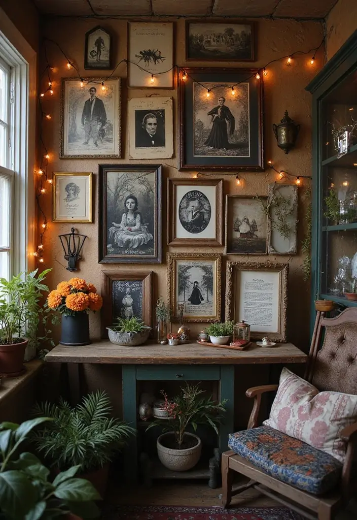 30 Halloween Living Room Decor Ideas for Spooky Vibes - 3. Vintage-Inspired Wall Art