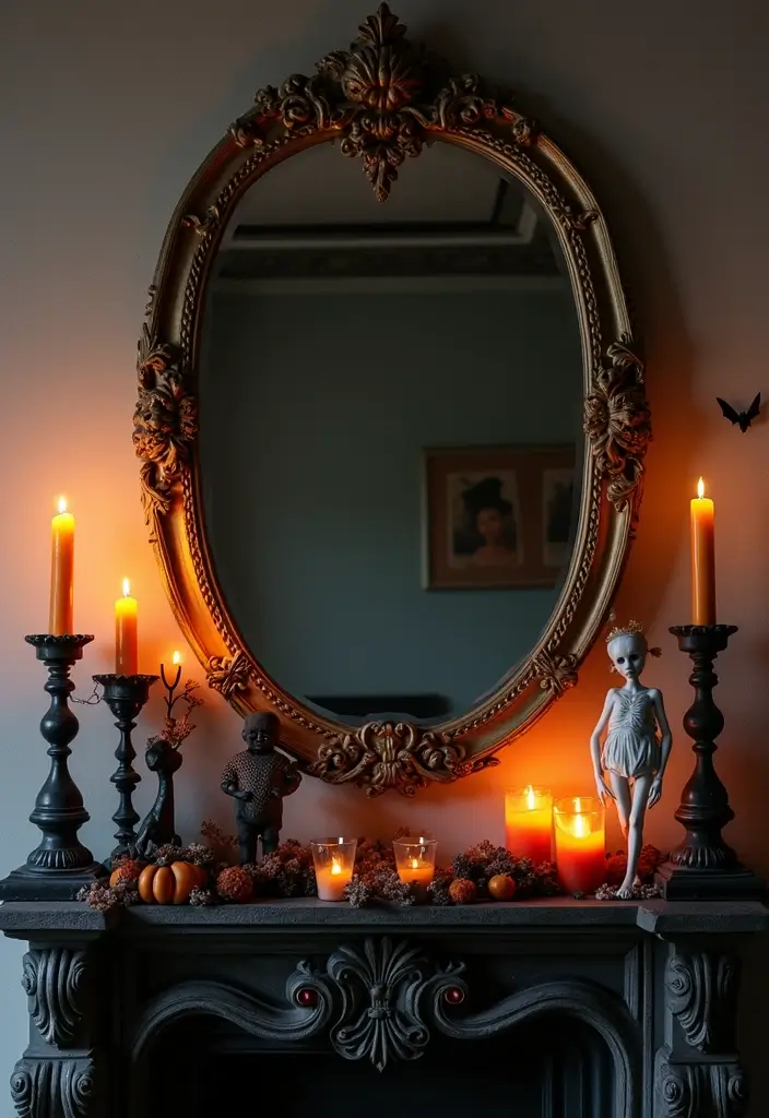 30 Halloween Living Room Decor Ideas for Spooky Vibes - 7. Haunted Mirror Mantlepiece
