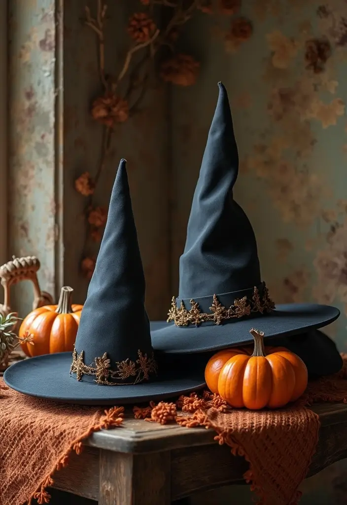 30 Halloween Living Room Decor Ideas for Spooky Vibes - 9. Antique Witch Hat Decor