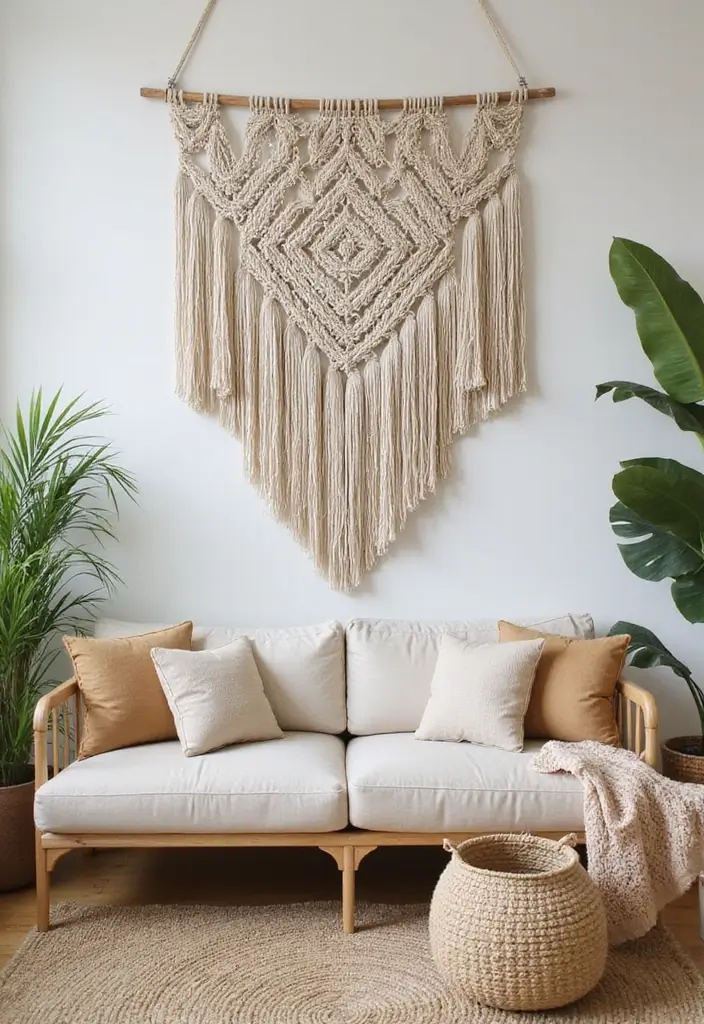 30 Large Living Room Wall Decor Ideas to Make a Statement - 1. Oversized Macramé Wall Hanging