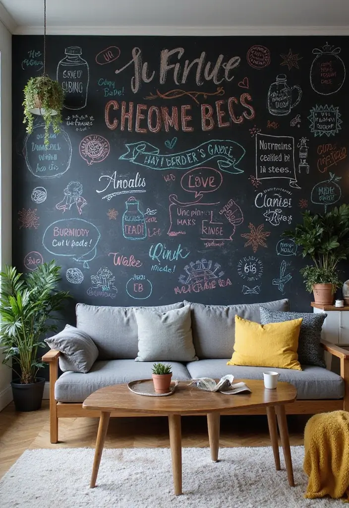 30 Large Living Room Wall Decor Ideas to Make a Statement - 10. Interactive Chalkboard Wall