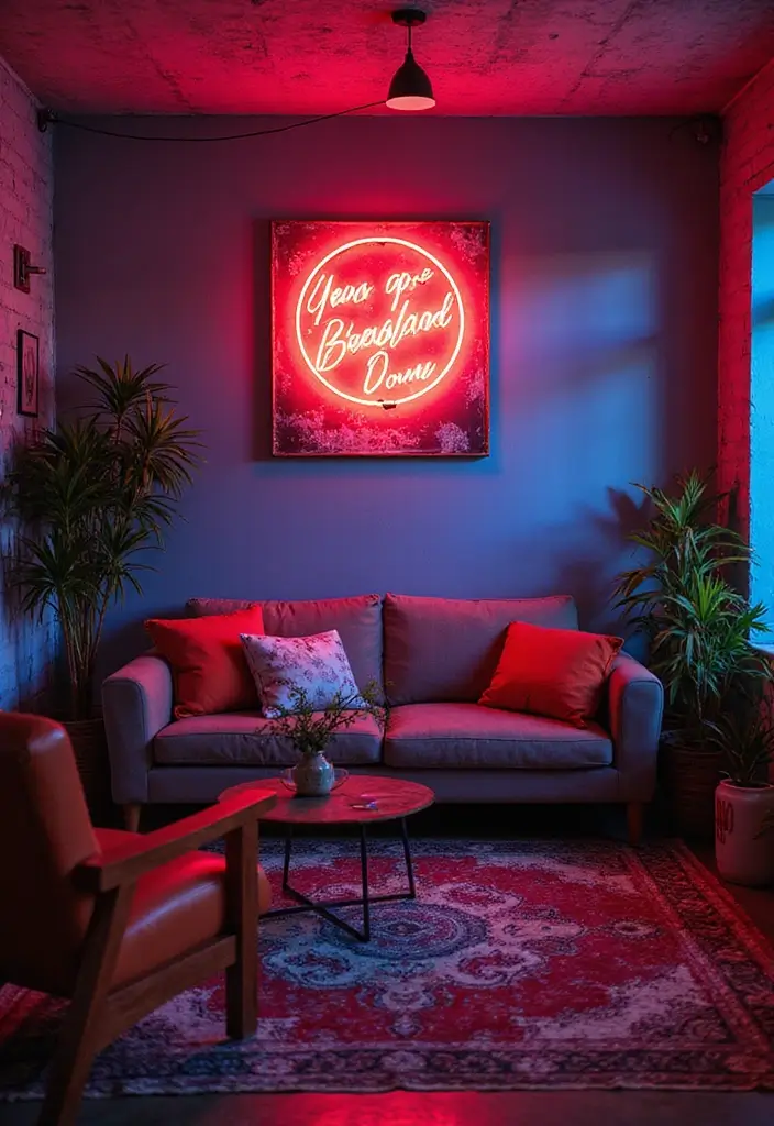 30 Large Living Room Wall Decor Ideas to Make a Statement - 16. Neon Art Pieces