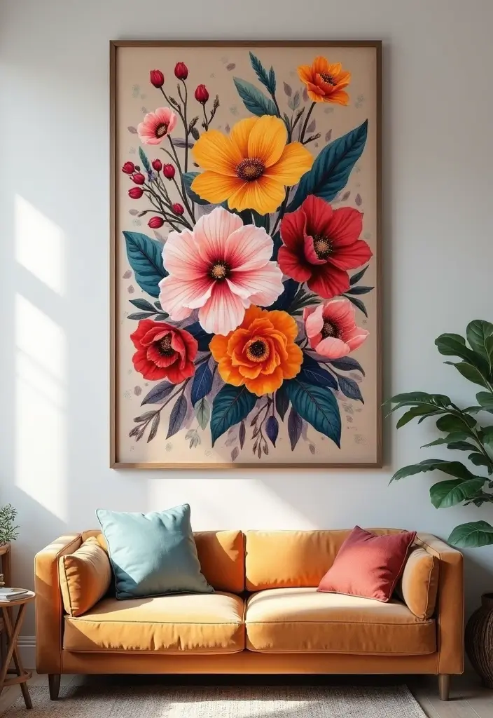 30 Large Living Room Wall Decor Ideas to Make a Statement - 18. Oversized Floral Prints