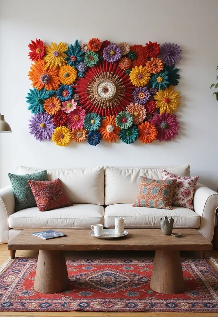 30 Large Living Room Wall Decor Ideas to Make a Statement - 21. Colorful Textile Wall Art