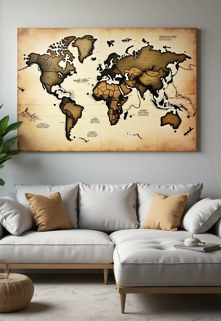 30 Large Living Room Wall Decor Ideas to Make a Statement - 24. Large World Map Art