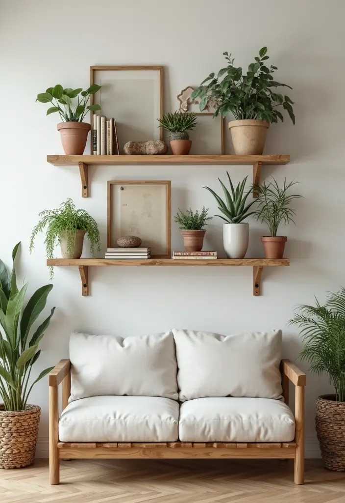 30 Large Living Room Wall Decor Ideas to Make a Statement - 27. Rustic Wooden Shelves with Decor