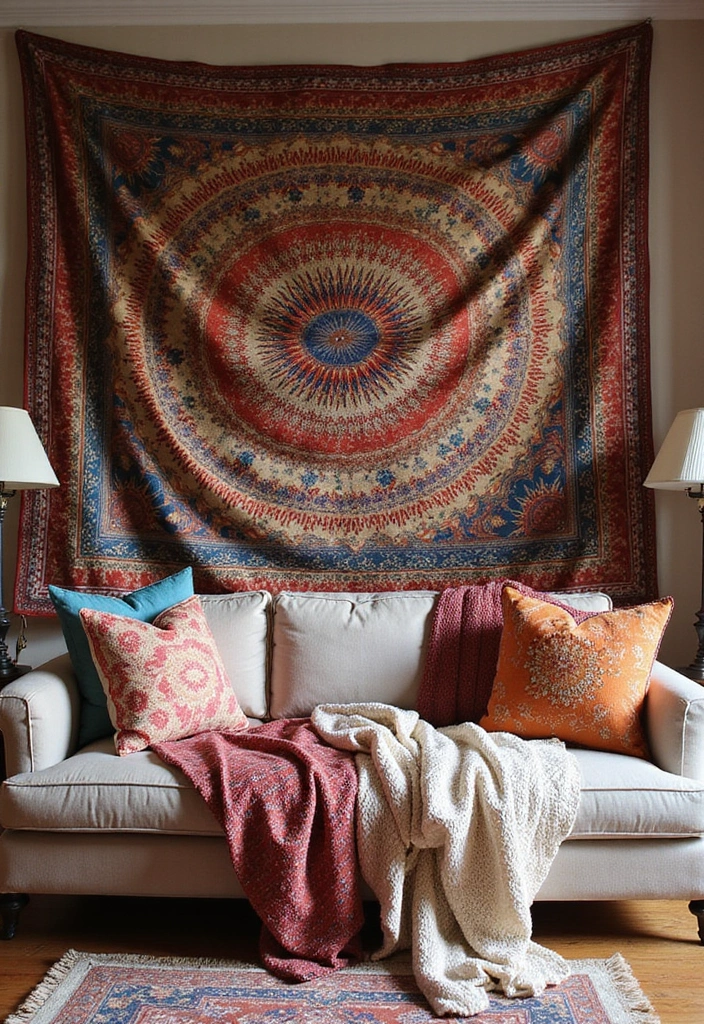 30 Large Wall Decor Living Room Ideas for Dramatic Impact - 1. Oversized Tapestries