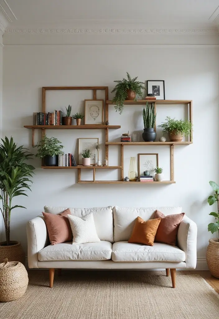 30 Large Wall Decor Living Room Ideas for Dramatic Impact - 11. Artistic Wall Shelving