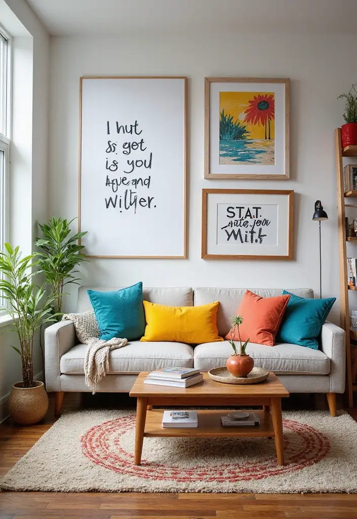 30 Large Wall Decor Living Room Ideas for Dramatic Impact - 12. Colorful Framed Quotes