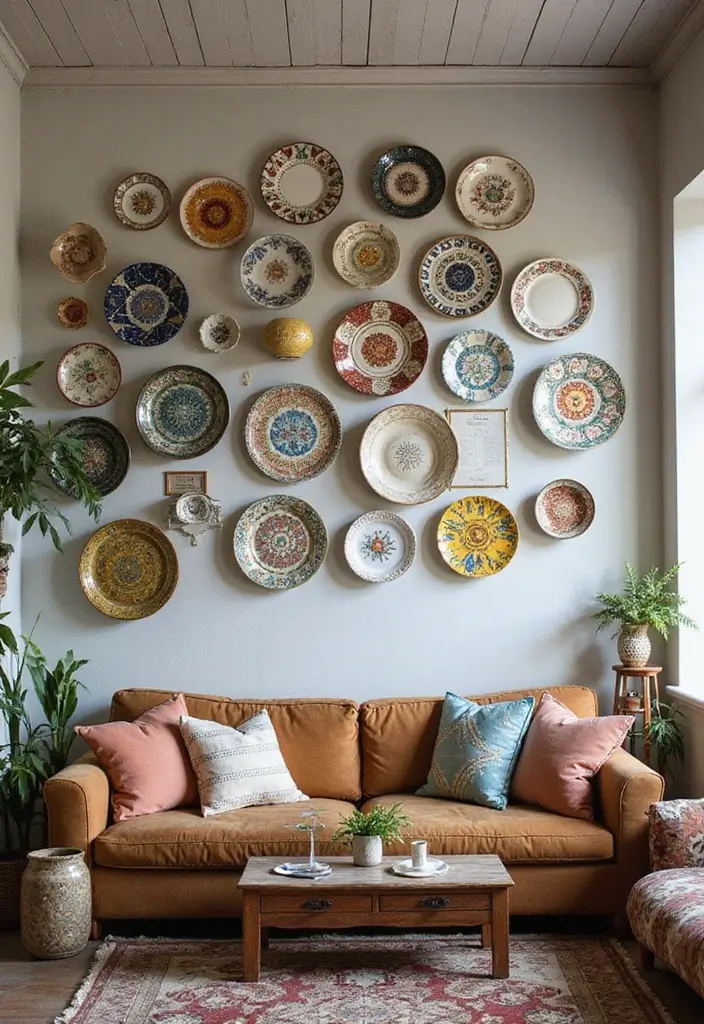 30 Large Wall Decor Living Room Ideas for Dramatic Impact - 13. Vintage Plates Display