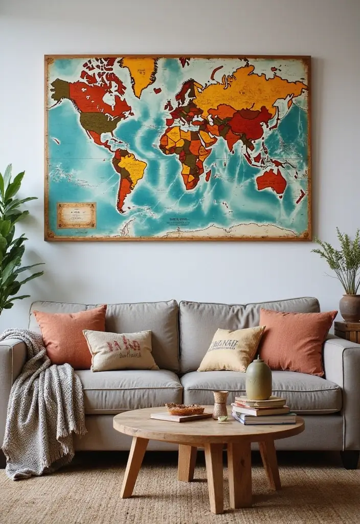 30 Large Wall Decor Living Room Ideas for Dramatic Impact - 16. World Map Wall Art