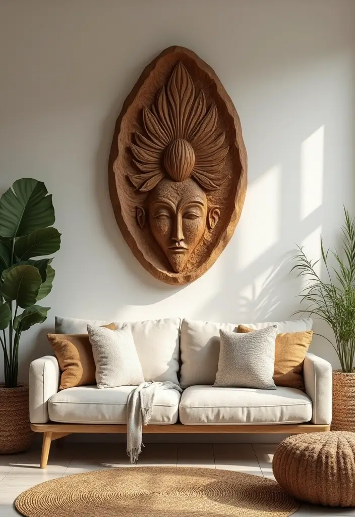30 Large Wall Decor Living Room Ideas for Dramatic Impact - 18. Artistic Wood Carvings