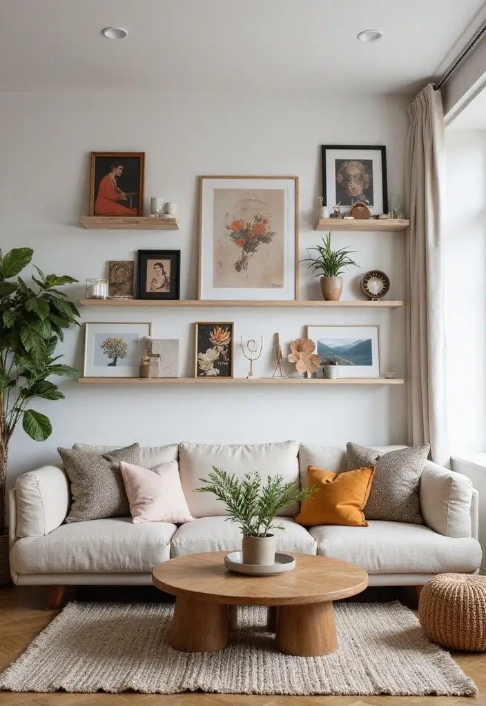 30 Large Wall Decor Living Room Ideas for Dramatic Impact - 21. Floating Artwork Displays