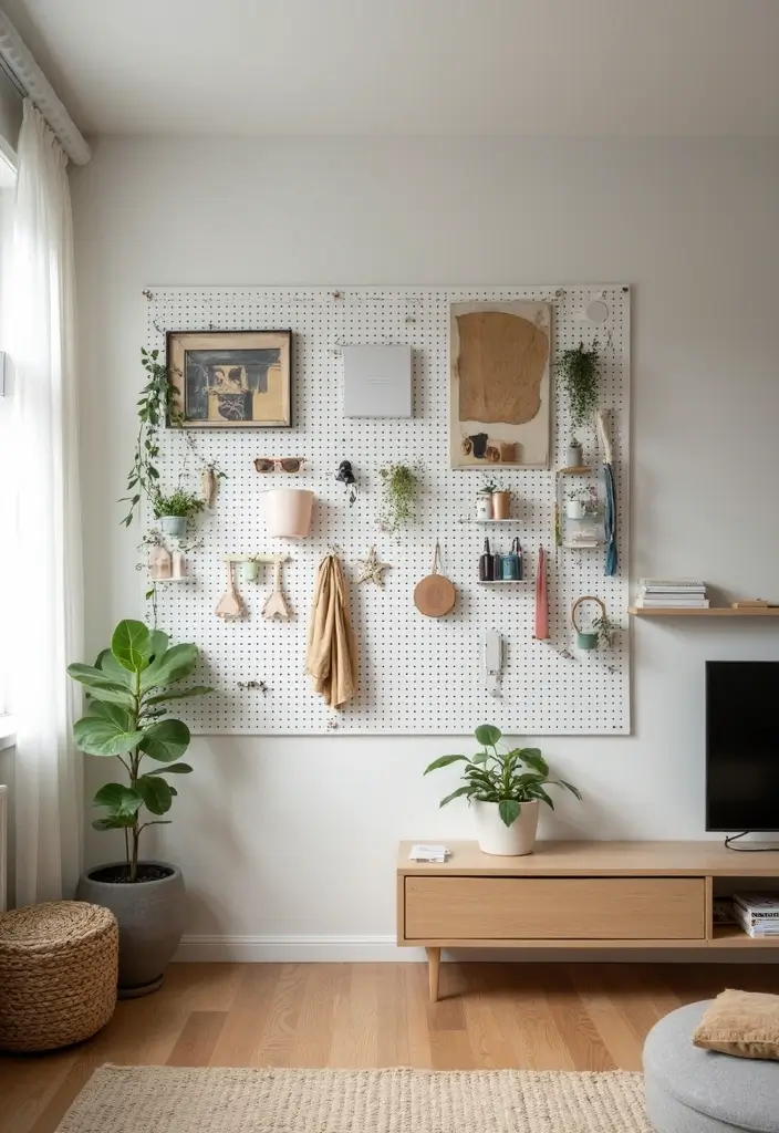 30 Large Wall Decor Living Room Ideas for Dramatic Impact - 22. Customizable Pegboard Walls